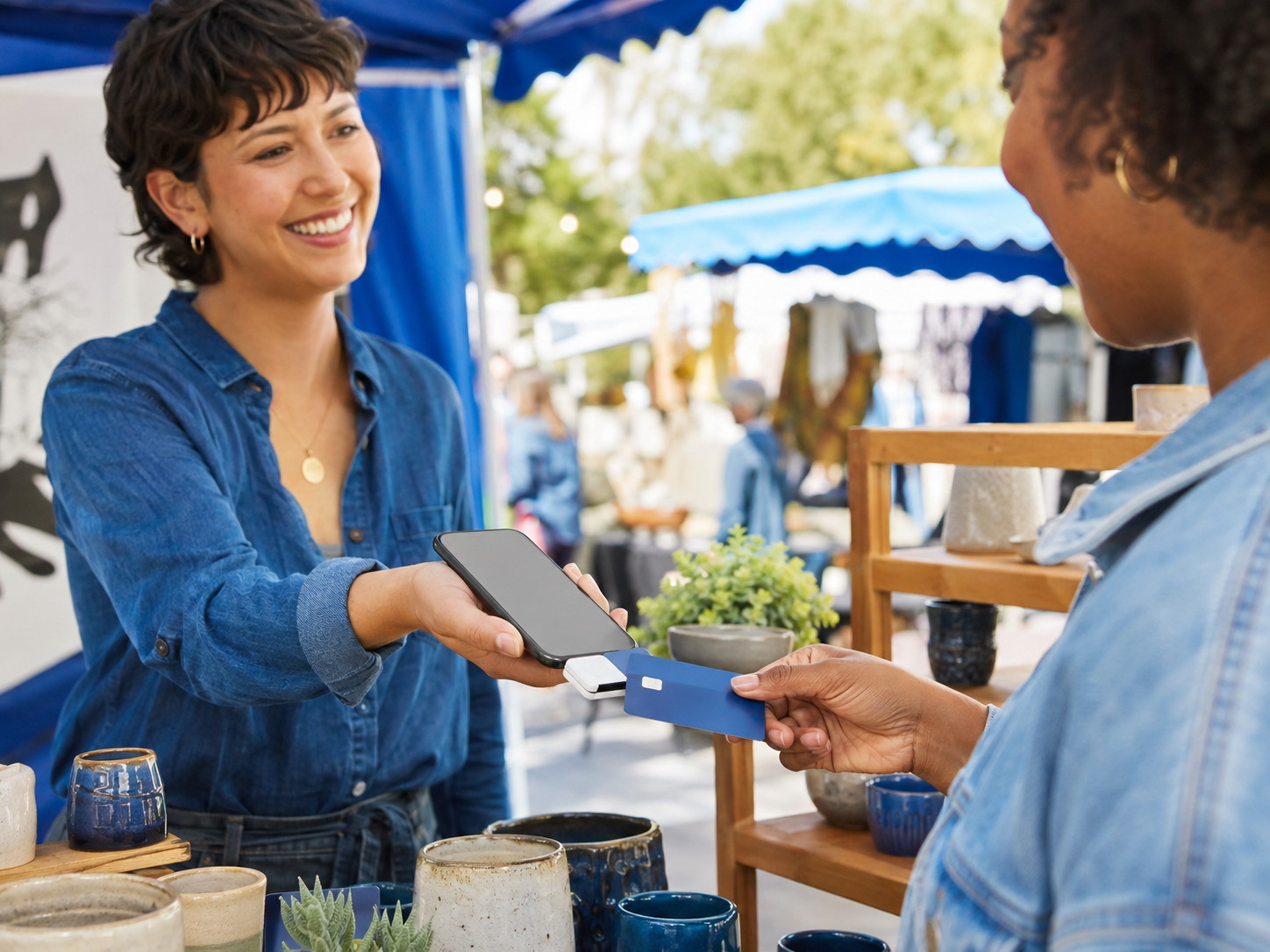 Business owner accepting a credit card payment using a mobile phone